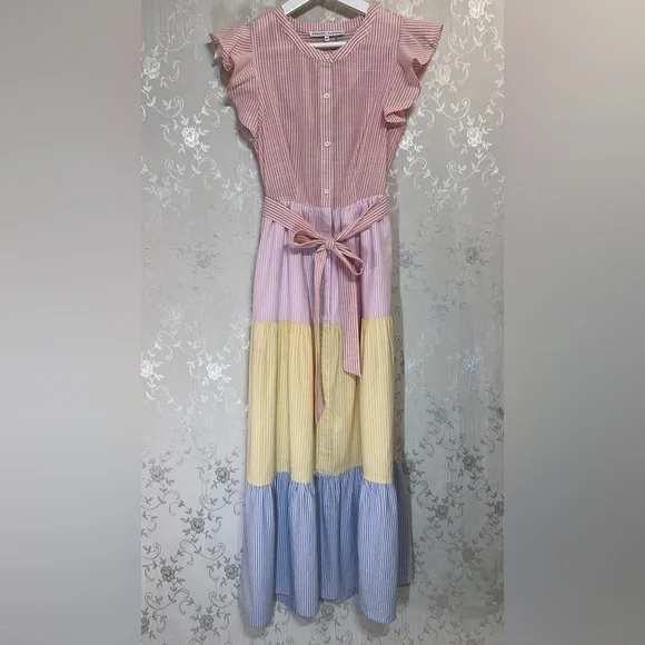 English Factory Sweet Heart Seersucker Colorblock Effie Ruffle Maxi Dress XS - Picture 4 of 10